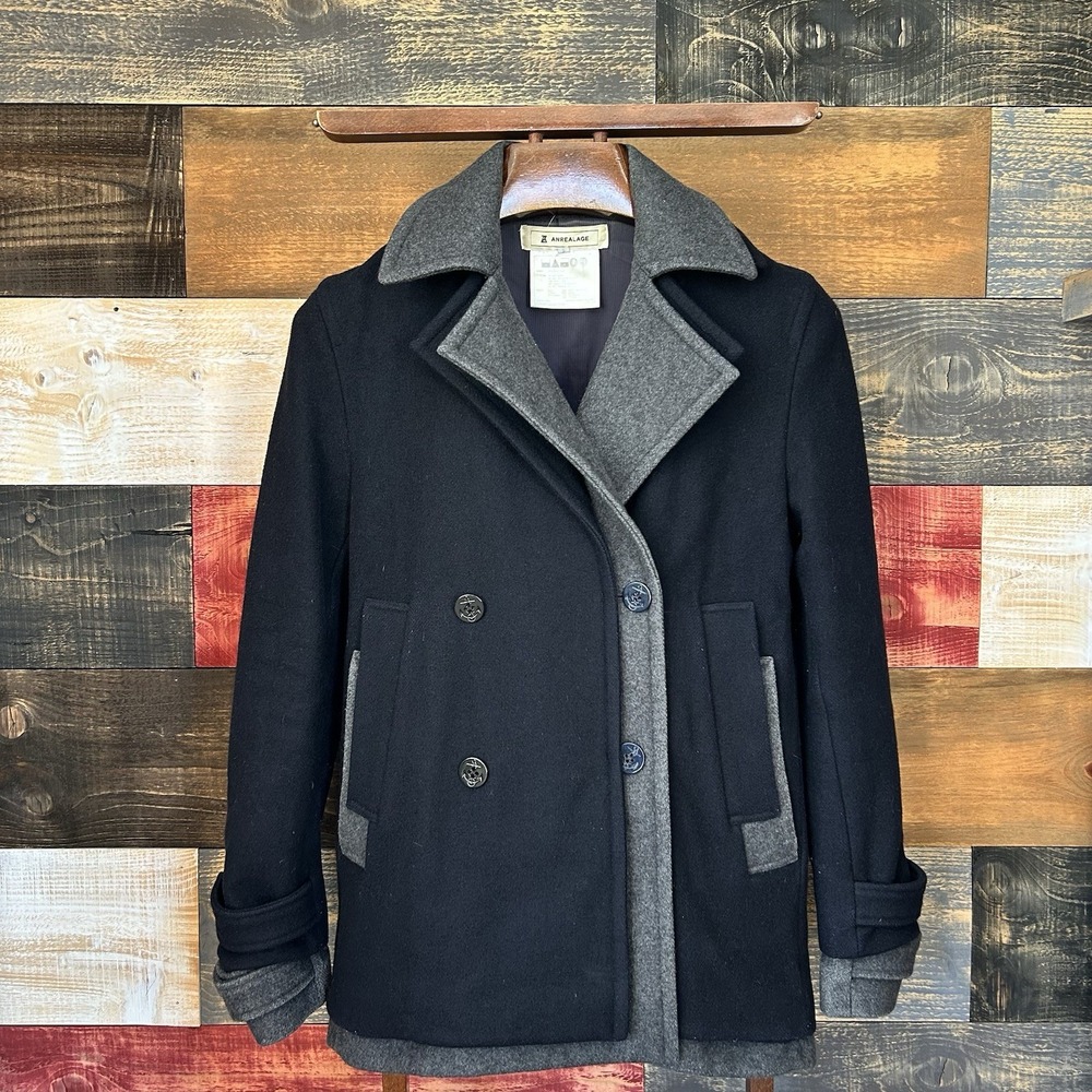 RARE Anrealage 2012 Time Double Layer Pea Coat Blue Wool Size 2 Medium Japan